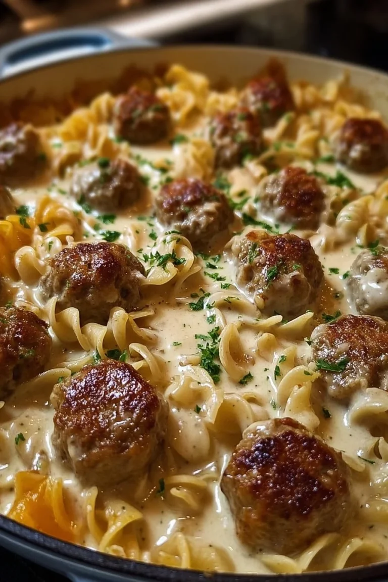 Delicious Swedish meatball noodle bake with creamy sauce and pasta