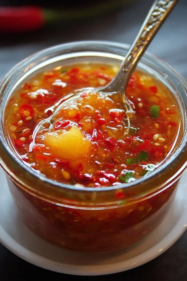 Jar of Sweet Chili Pineapple Sauce with fresh pineapples and chili peppers