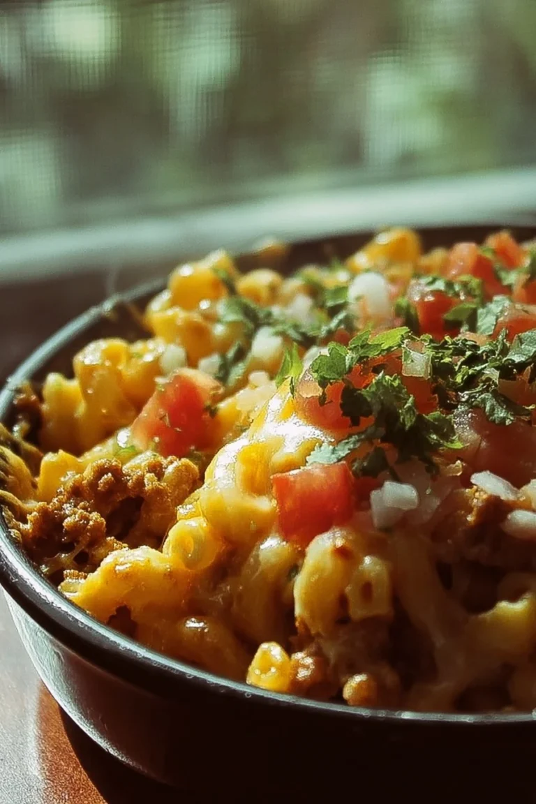 A delicious bowl of Taco Mac and Cheese topped with cheese and spices.