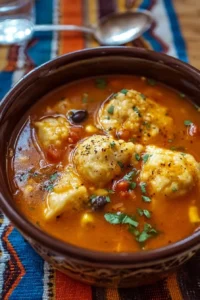 Delicious Tamale Soup topped with flavorful tamale dumplings.