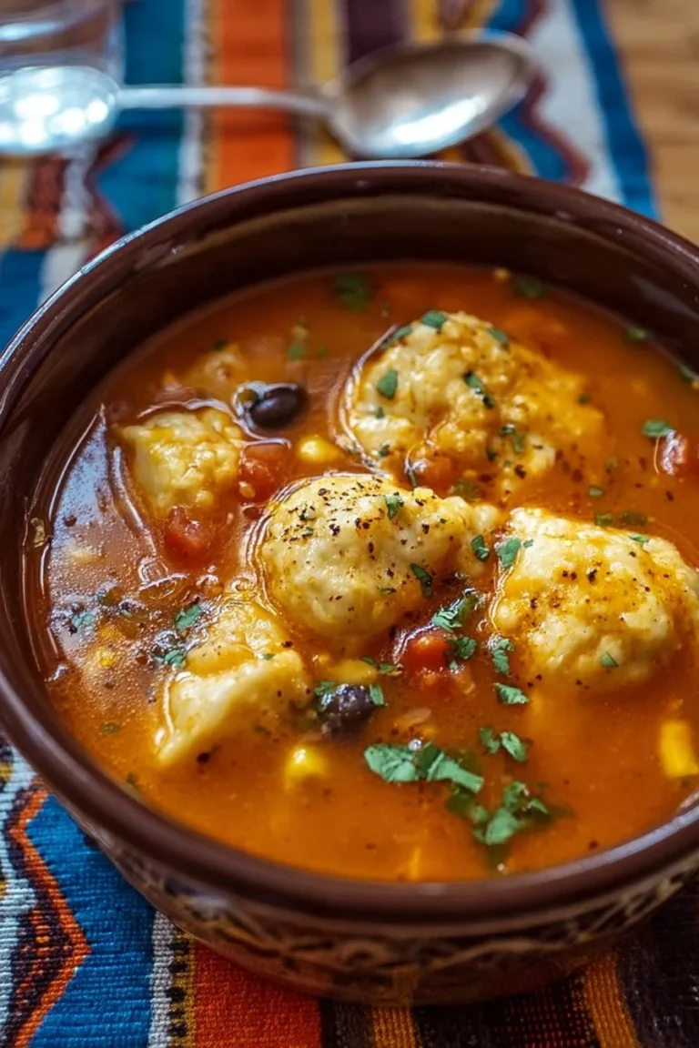 Delicious Tamale Soup topped with flavorful tamale dumplings.