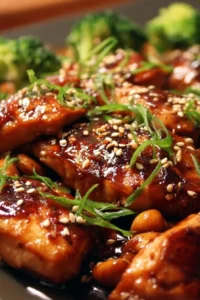 Delicious teriyaki chicken garnished with sesame seeds and green onions