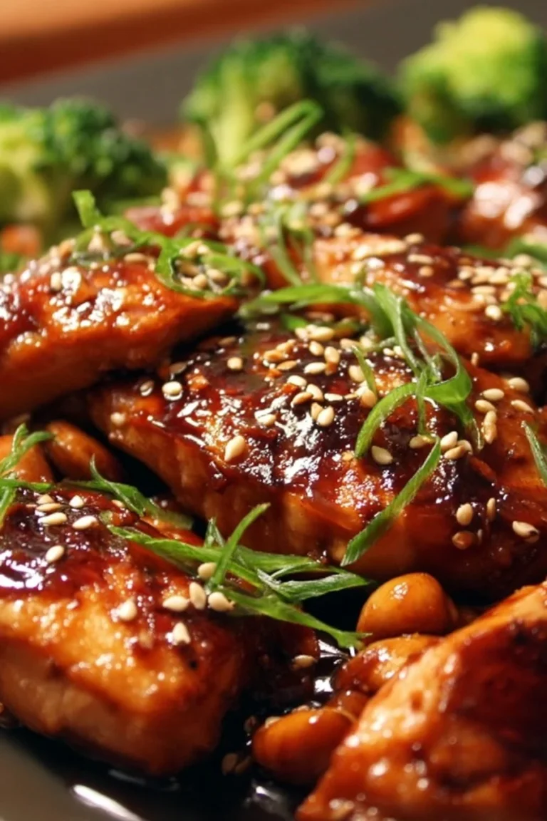 Delicious teriyaki chicken garnished with sesame seeds and green onions