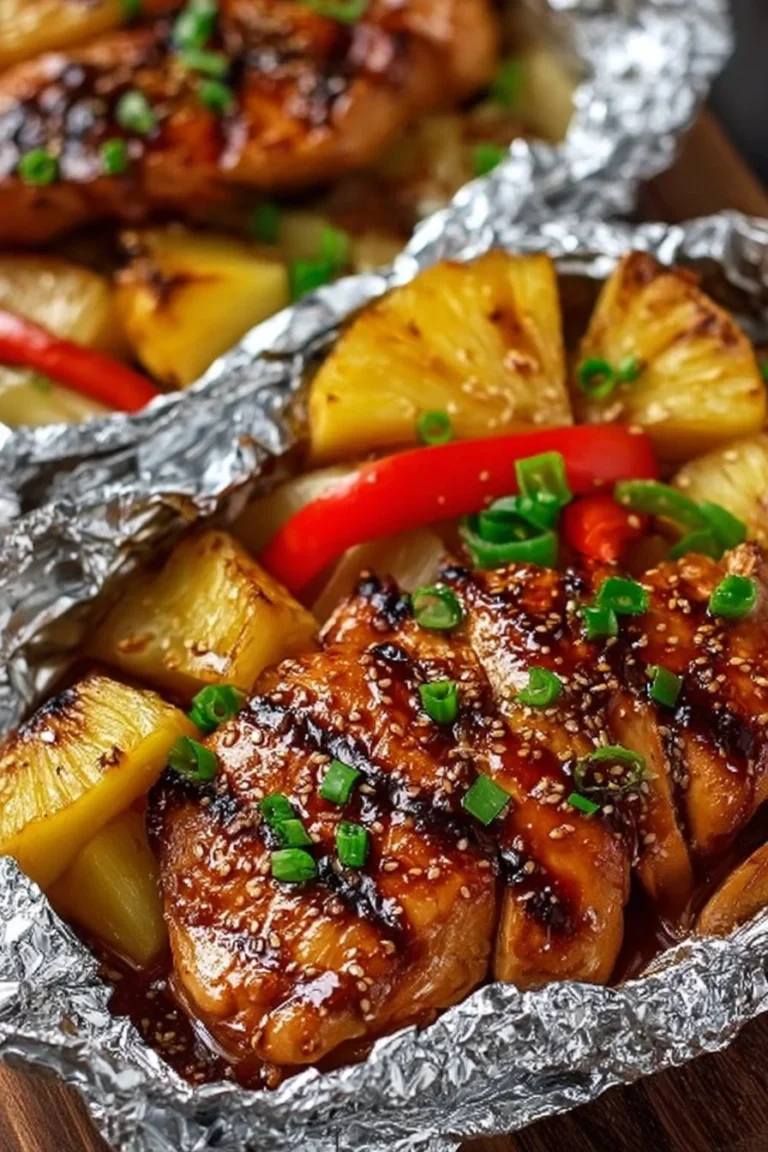 Teriyaki chicken and pineapple foil packets ready for grilling on a picnic table