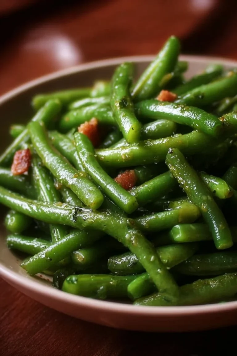 Plate of Texas Roadhouse style copycat green beans with seasoning.