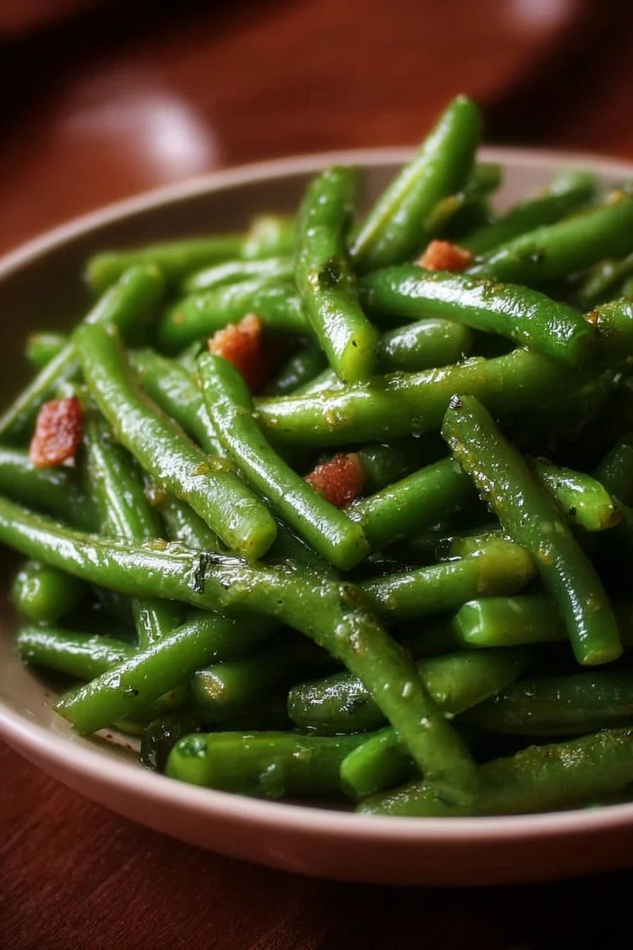 Plate of Texas Roadhouse style copycat green beans with seasoning.