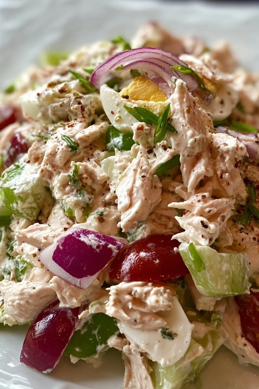 Delicious homemade chicken salad served in a bowl with fresh ingredients