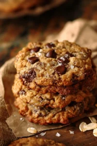 Delicious cowboy cookies with chocolate and nuts on a wooden table.