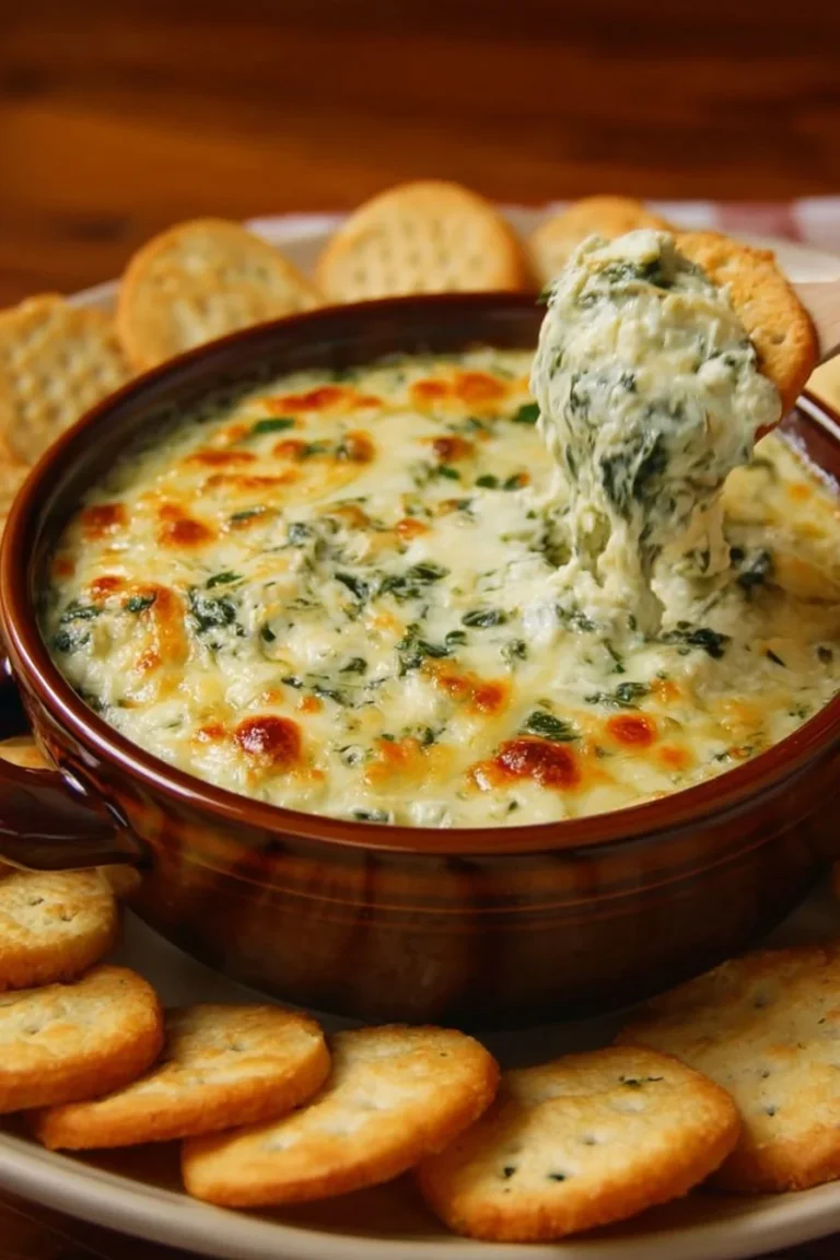 Delicious spinach artichoke dip in a serving bowl with fresh ingredients