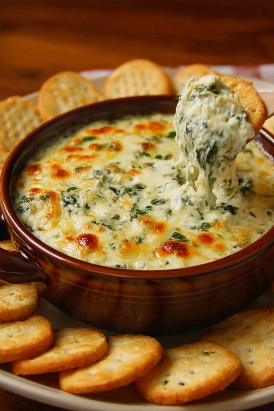 Delicious spinach artichoke dip in a serving bowl with fresh ingredients