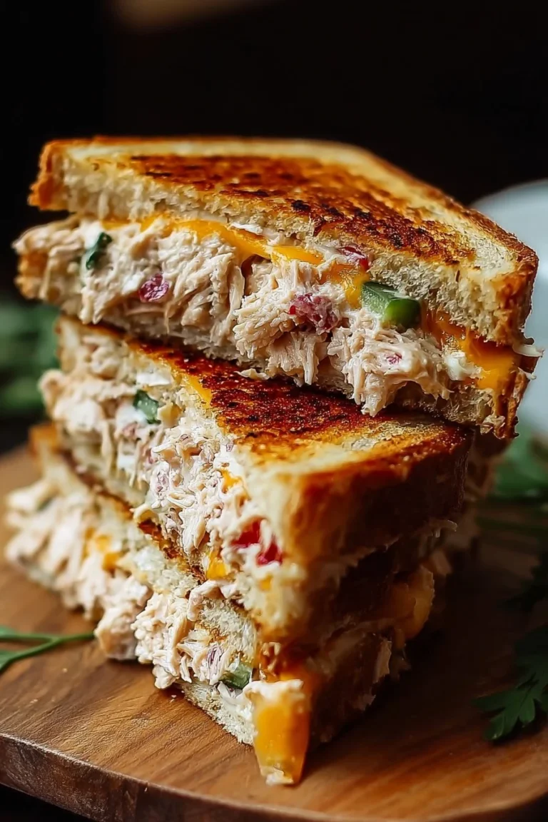 Tuna melt grilled sandwich with melted cheese and tuna filling on toasted bread