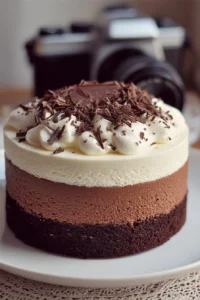 Slice of luxurious Tuxedo Cake with rich chocolate mousse layers