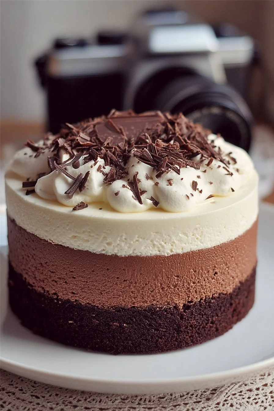 Slice of luxurious Tuxedo Cake with rich chocolate mousse layers