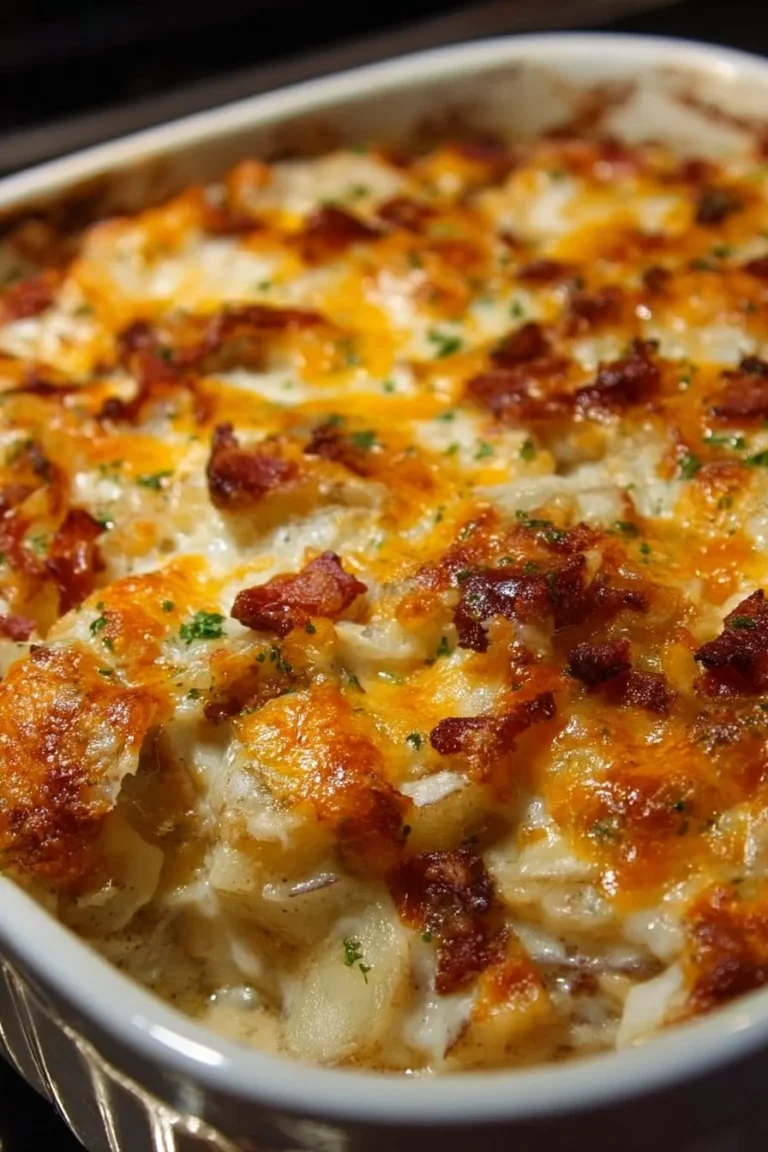 Delicious twice baked potato casserole topped with cheese and green onions.