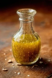 A bottle of white balsamic vinaigrette with fresh ingredients.