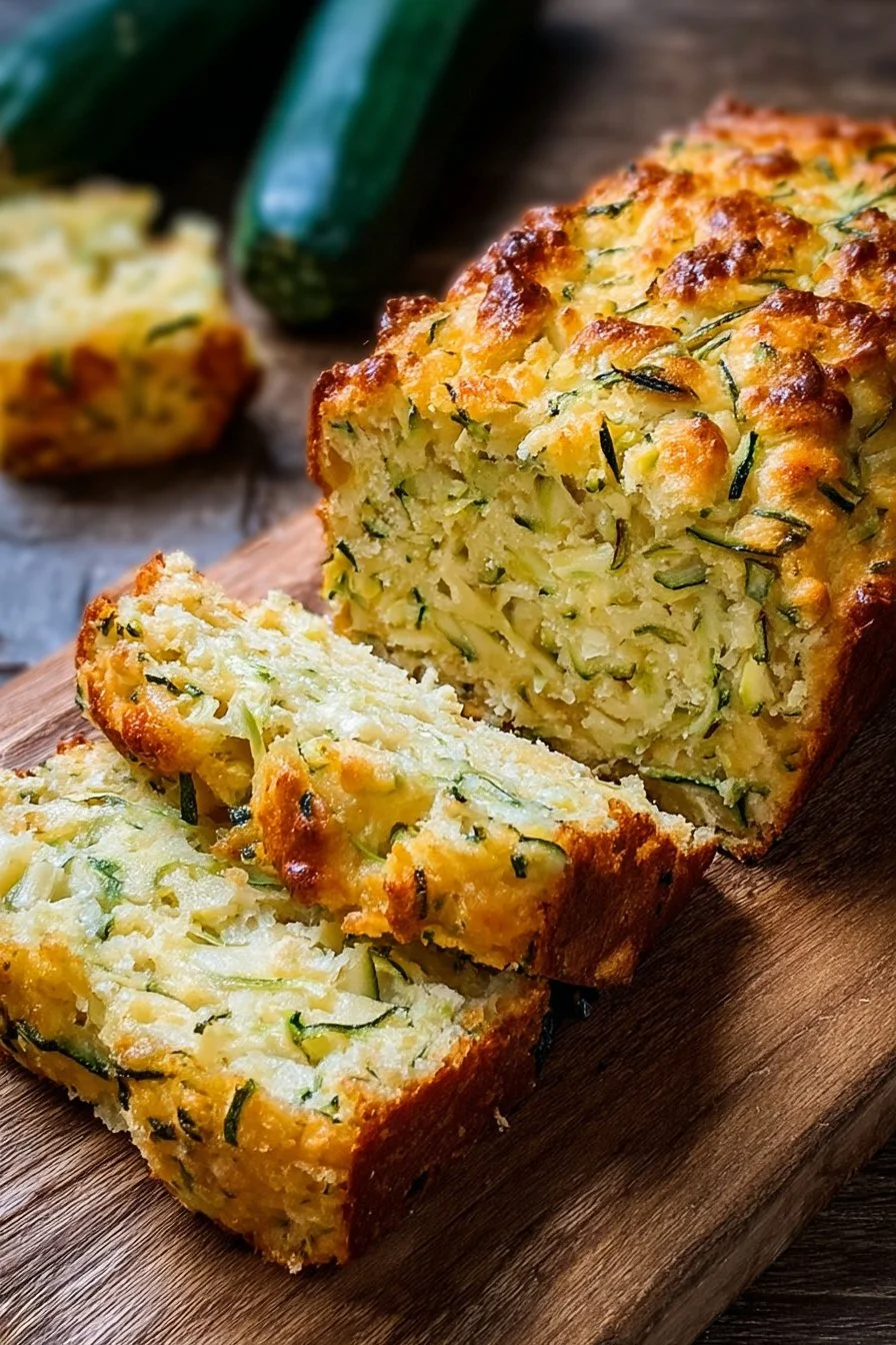 Loaf of freshly baked Zucchini Cheese Bread with melted cheese on top