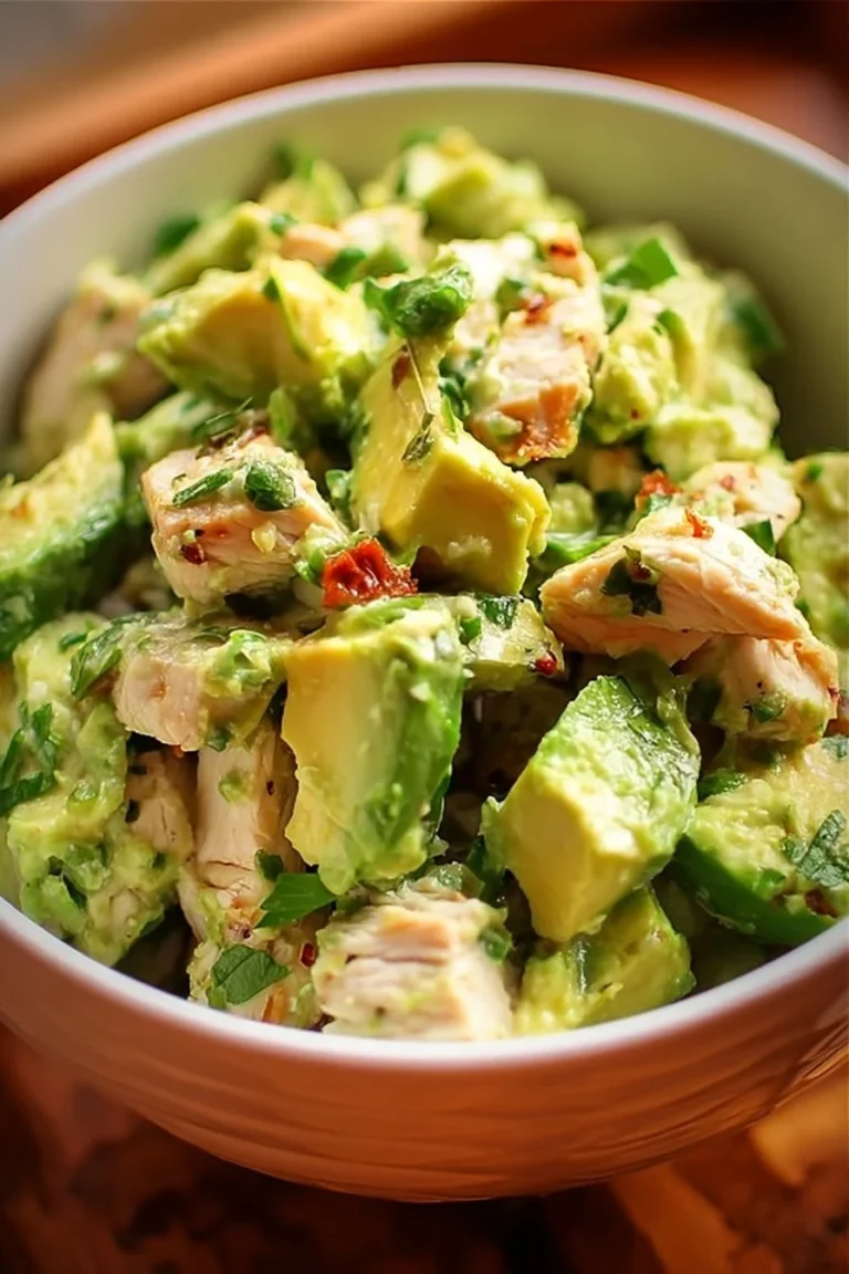 A vibrant bowl of avocado chicken salad with fresh vegetables and dressing