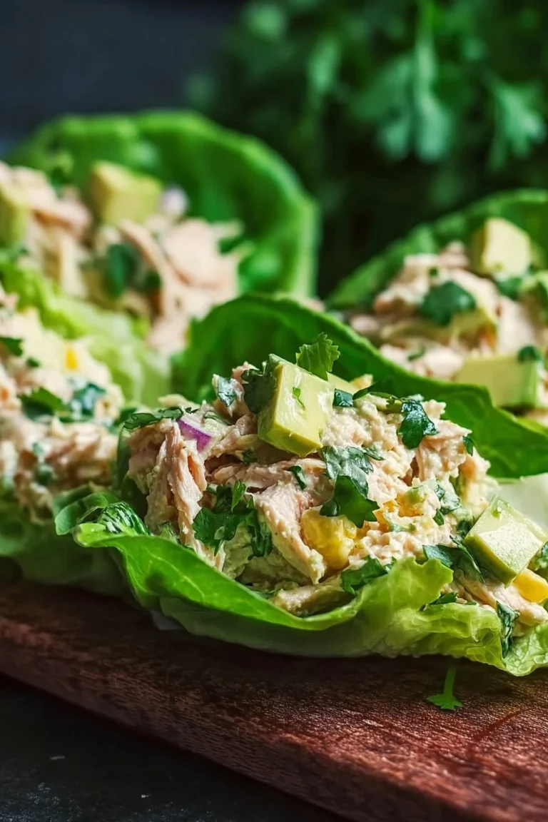 Avocado chicken salad lettuce wraps served on a plate with colorful vegetables.