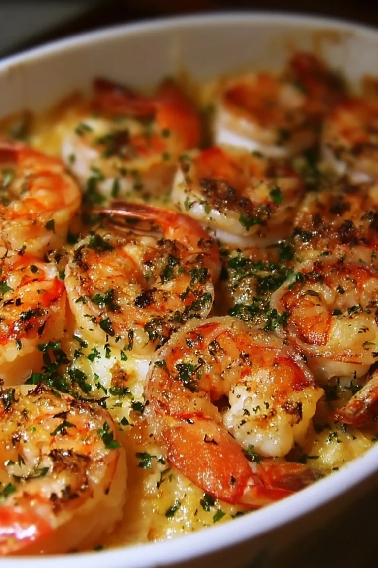 Baked stuffed shrimp casserole topped with breadcrumbs and herbs