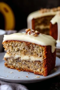 Banana bread cake with cream cheese frosting on a decorative plate