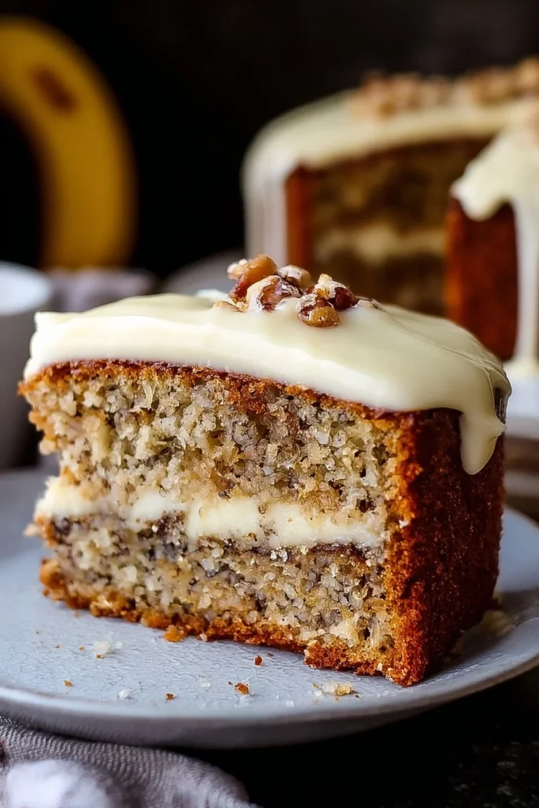 Banana bread cake with cream cheese frosting on a decorative plate