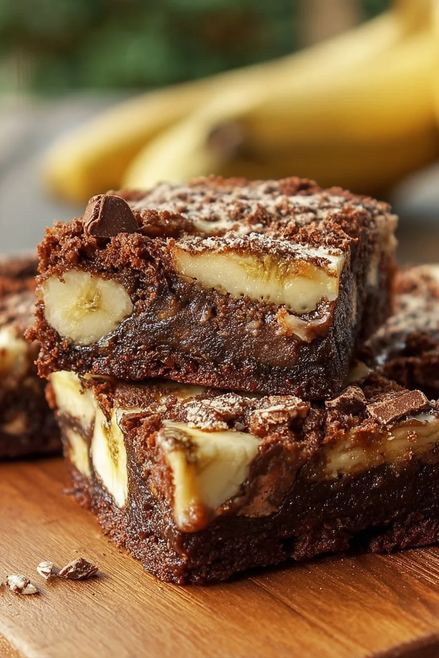 Delicious banana pudding brownies topped with creamy banana and chocolate layers.