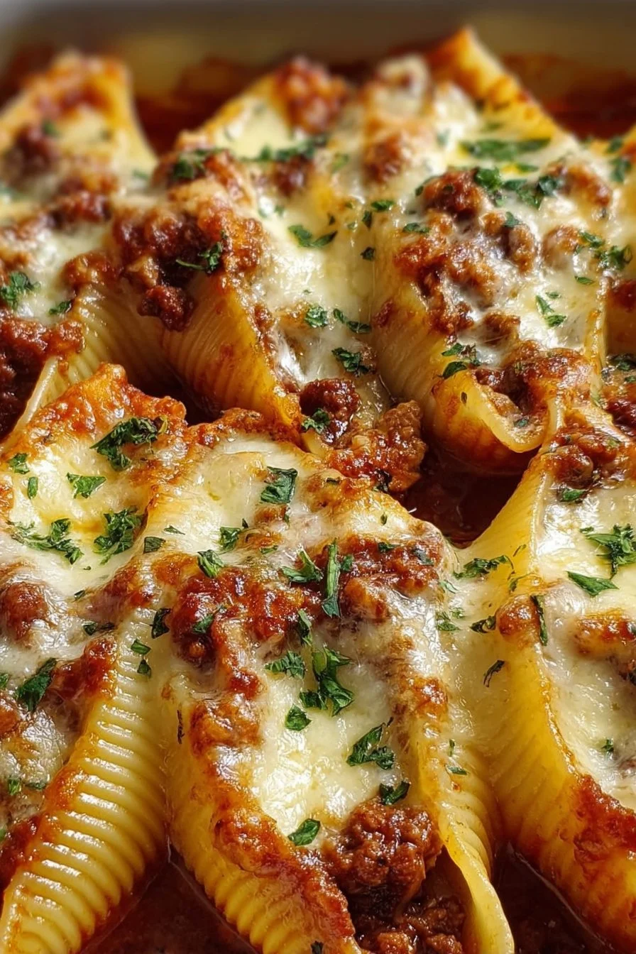 Delicious beef-stuffed shells with creamy ricotta filling baked to perfection.