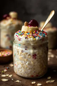 Colorful and delicious birthday cake overnight oats in a mason jar.