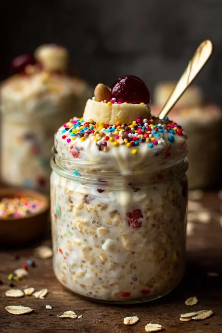 Colorful and delicious birthday cake overnight oats in a mason jar.
