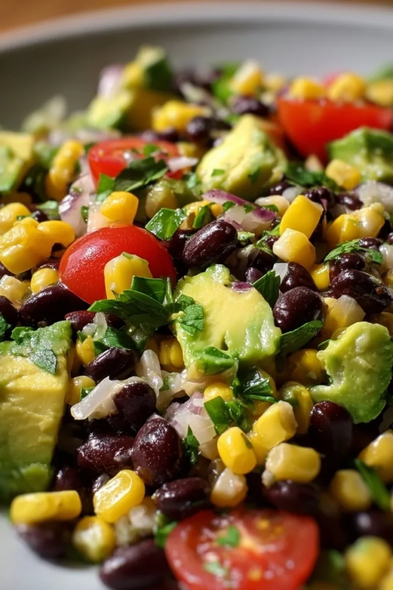 Colorful black bean corn avocado salad in a bowl with diced vegetables