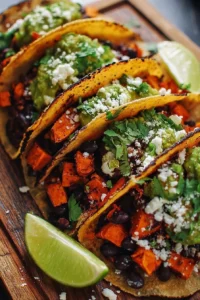 Plated black bean sweet potato tacos topped with fresh ingredients.