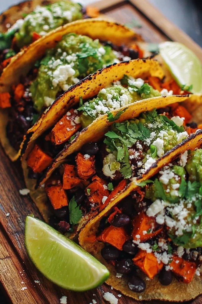 Plated black bean sweet potato tacos topped with fresh ingredients.