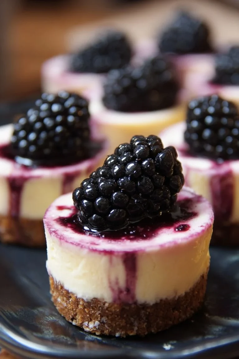 Delicious blackberry mini cheesecakes topped with fresh blackberries.