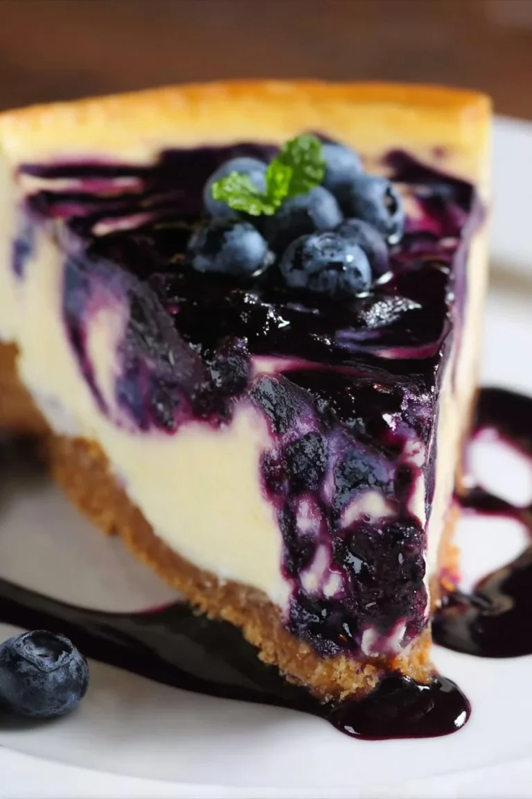 Delicious homemade blueberry cheesecake with fresh blueberries on top