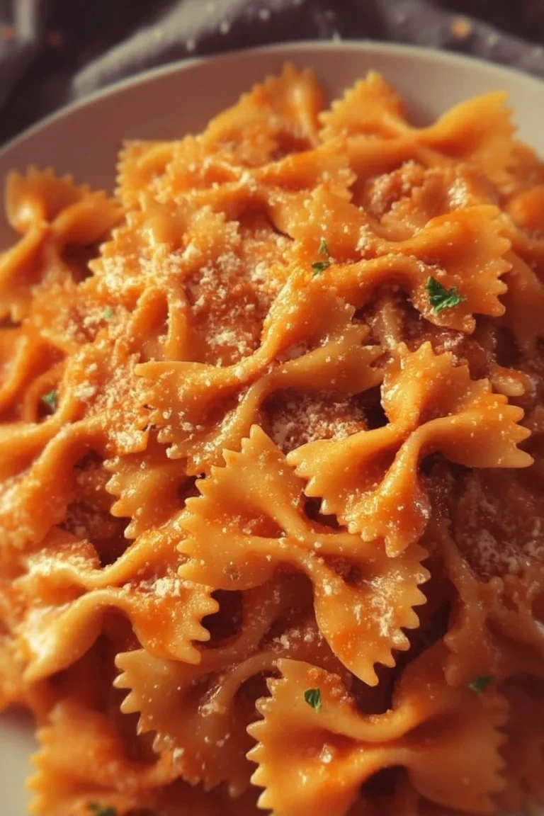 Bowl of bowtie pasta ziti topped with cheese and herbs