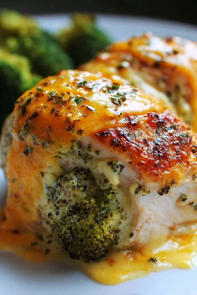 Broccoli cheddar stuffed chicken with a golden crust and melted cheese filling
