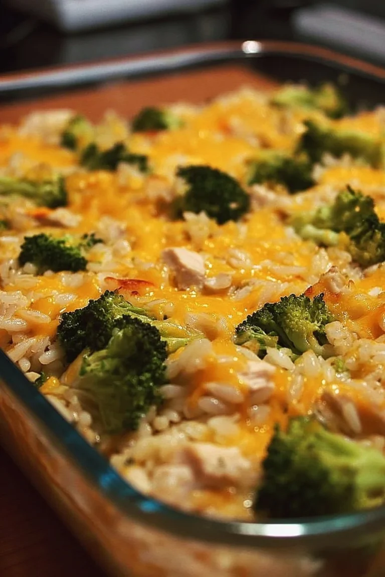 Delicious broccoli, rice, cheese, and chicken casserole fresh out of the oven.