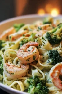 Delicious Broccoli Shrimp Alfredo featuring shrimp, broccoli, and creamy sauce