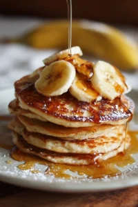 Delicious brown sugar banana pancakes stacked with syrup