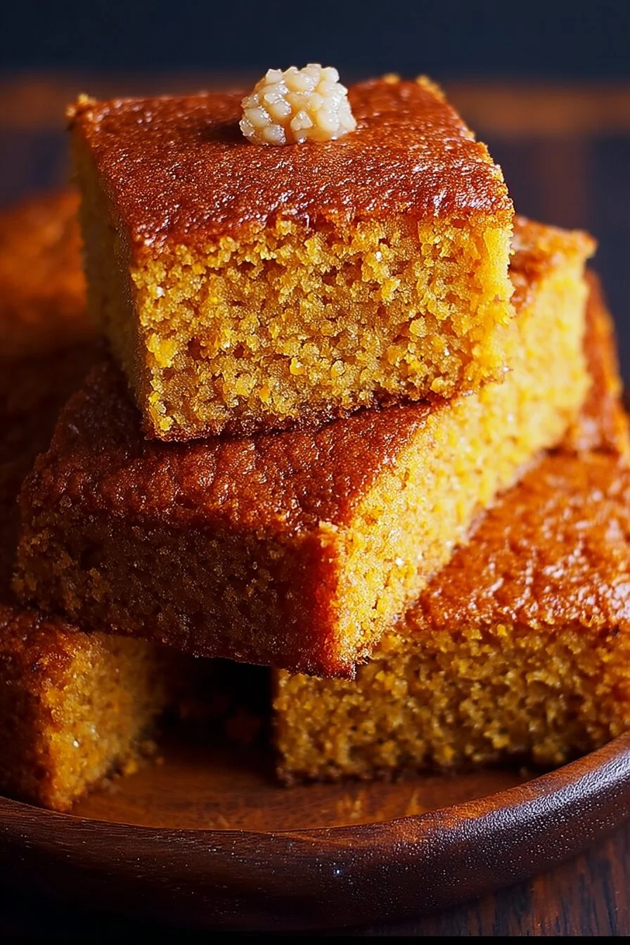 Slice of Brown Sugar Sweet Potato Cornbread on a wooden board