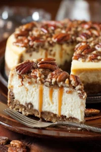 Delicious Butter Pecan Cheesecake topped with pecans and caramel sauce.