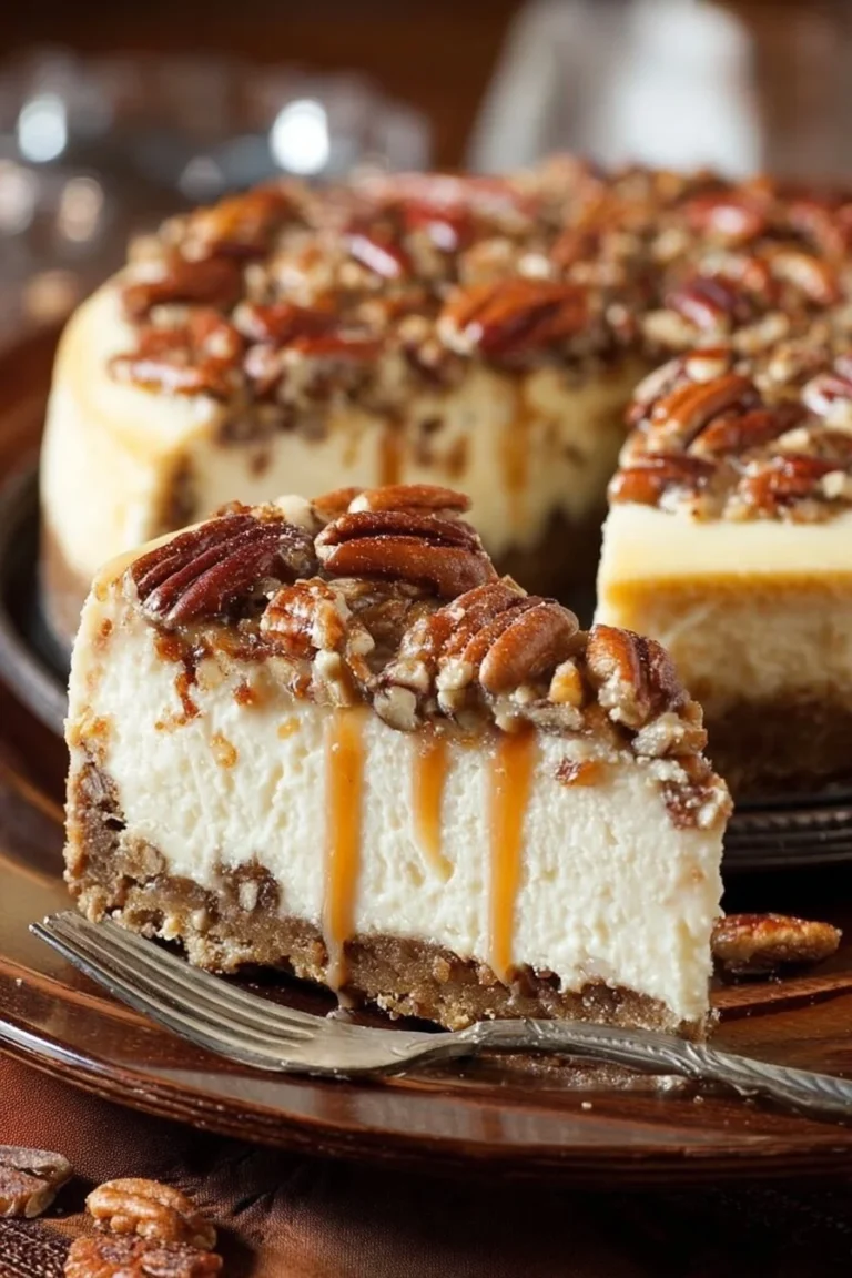 Delicious Butter Pecan Cheesecake topped with pecans and caramel sauce.