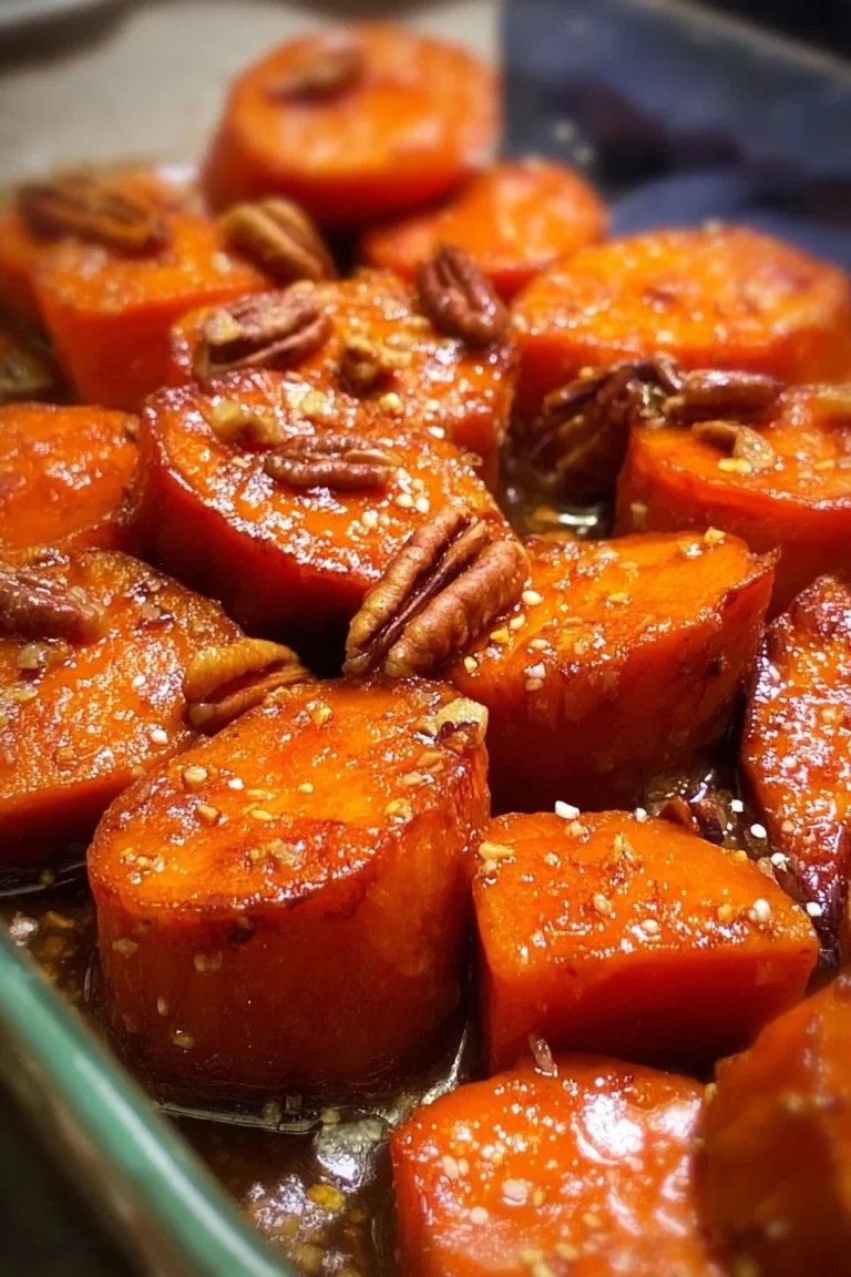 Delicious candied sweet potatoes served in a dish, topped with cinnamon and pecans.