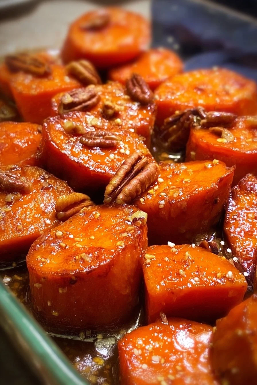 Delicious candied sweet potatoes served in a dish, topped with cinnamon and pecans.