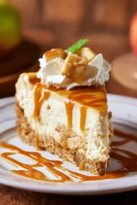 Delicious Caramel Apple Blondie Cheesecake topped with caramel drizzle and apples
