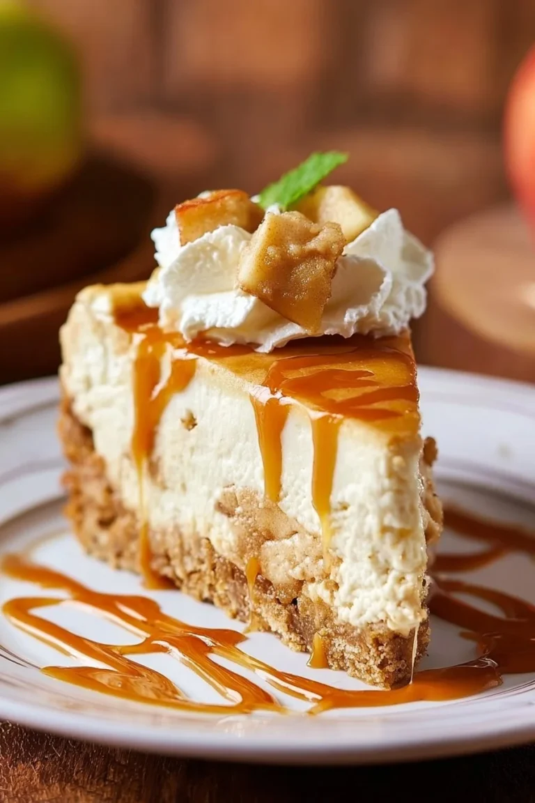 Delicious Caramel Apple Blondie Cheesecake topped with caramel drizzle and apples