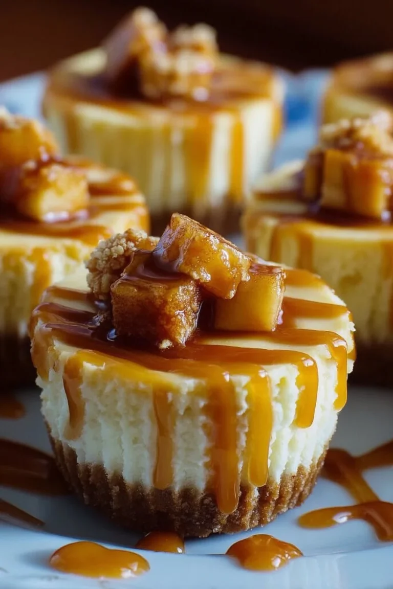 Delicious caramel apple cheesecake cups topped with caramel drizzle.