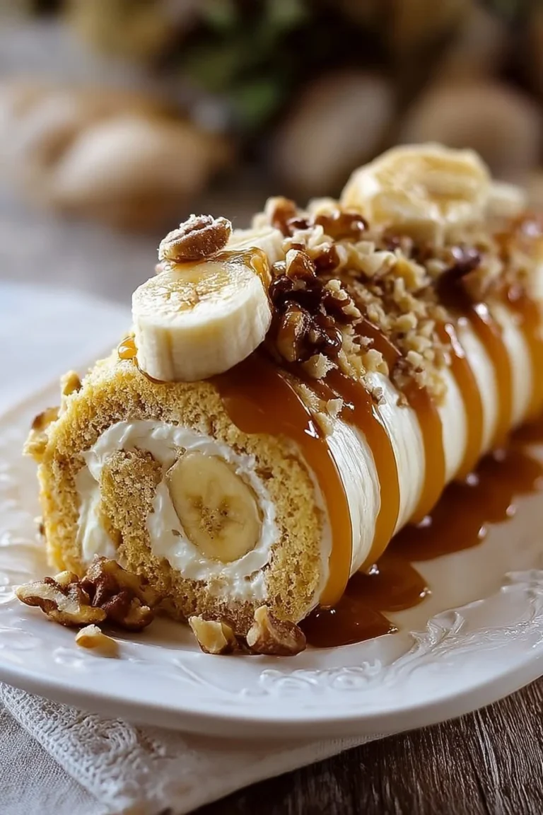 Delicious Caramel Banana Cake Roll with rich caramel and ripe bananas.