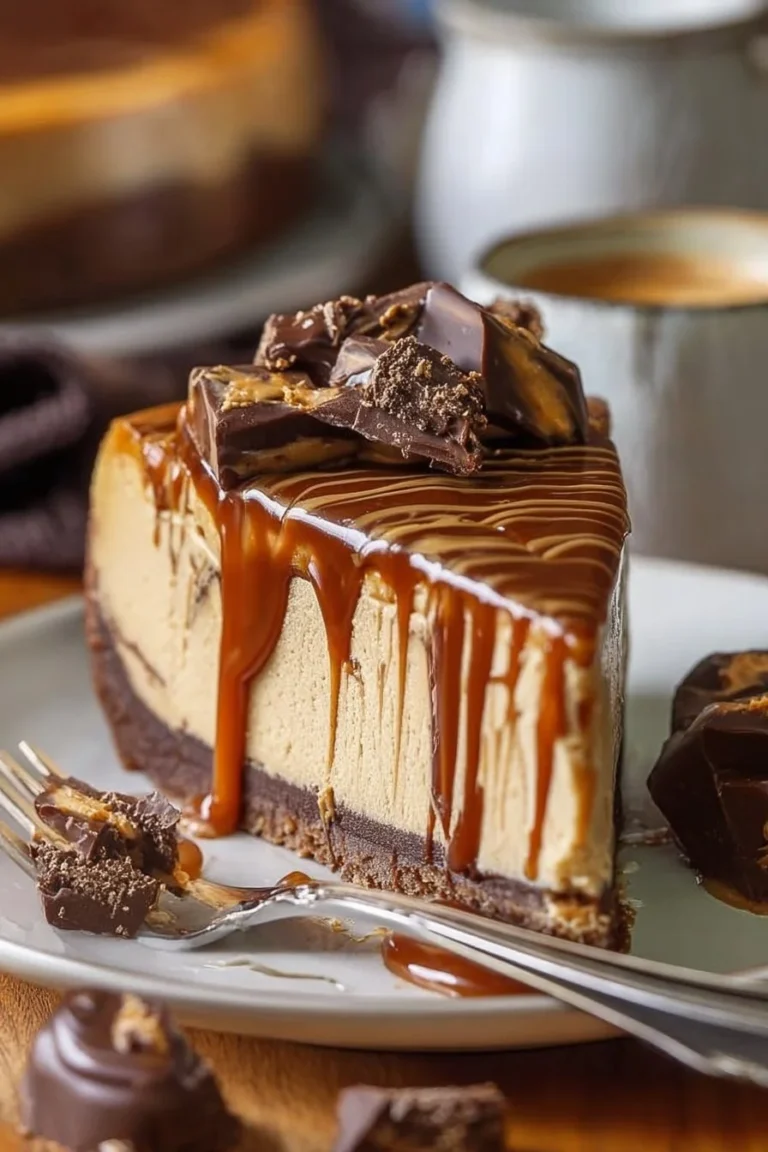 Delicious caramel chocolate cheesecake topped with coffee flavor and drizzled caramel