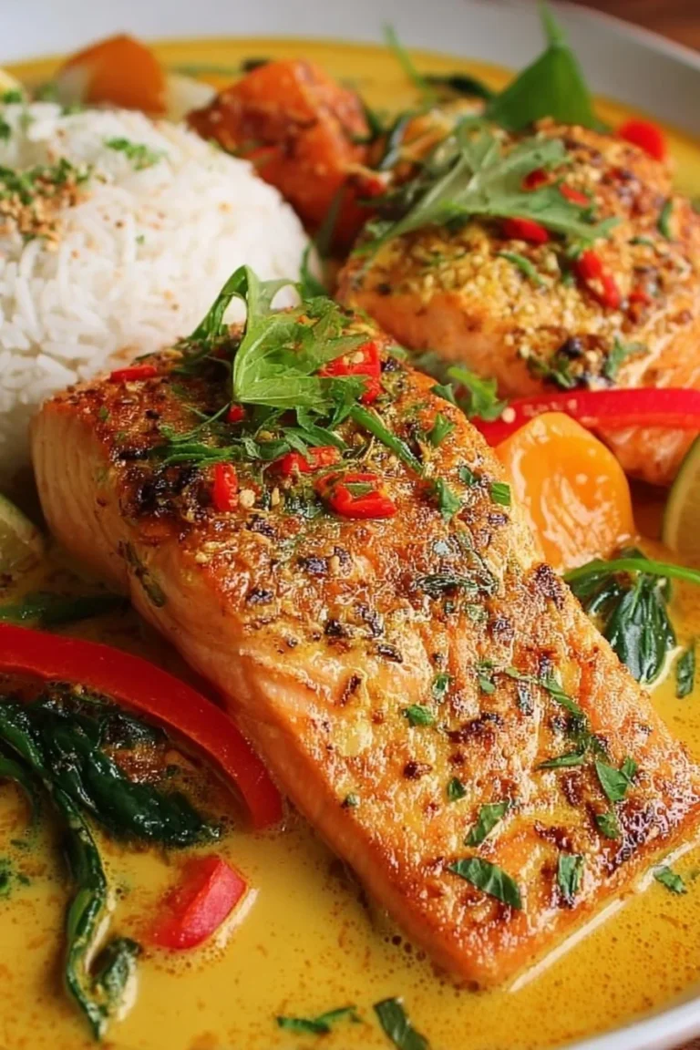 Delicious Caribbean coconut curry salmon dish garnished with fresh herbs.